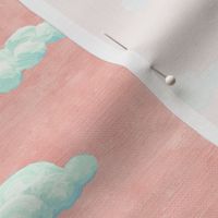 painted clouds - blue and mint on coral pink