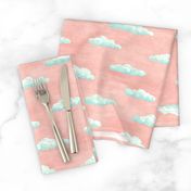 painted clouds - blue and mint on coral pink