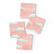 painted clouds - blue and mint on coral pink