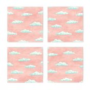 painted clouds - blue and mint on coral pink