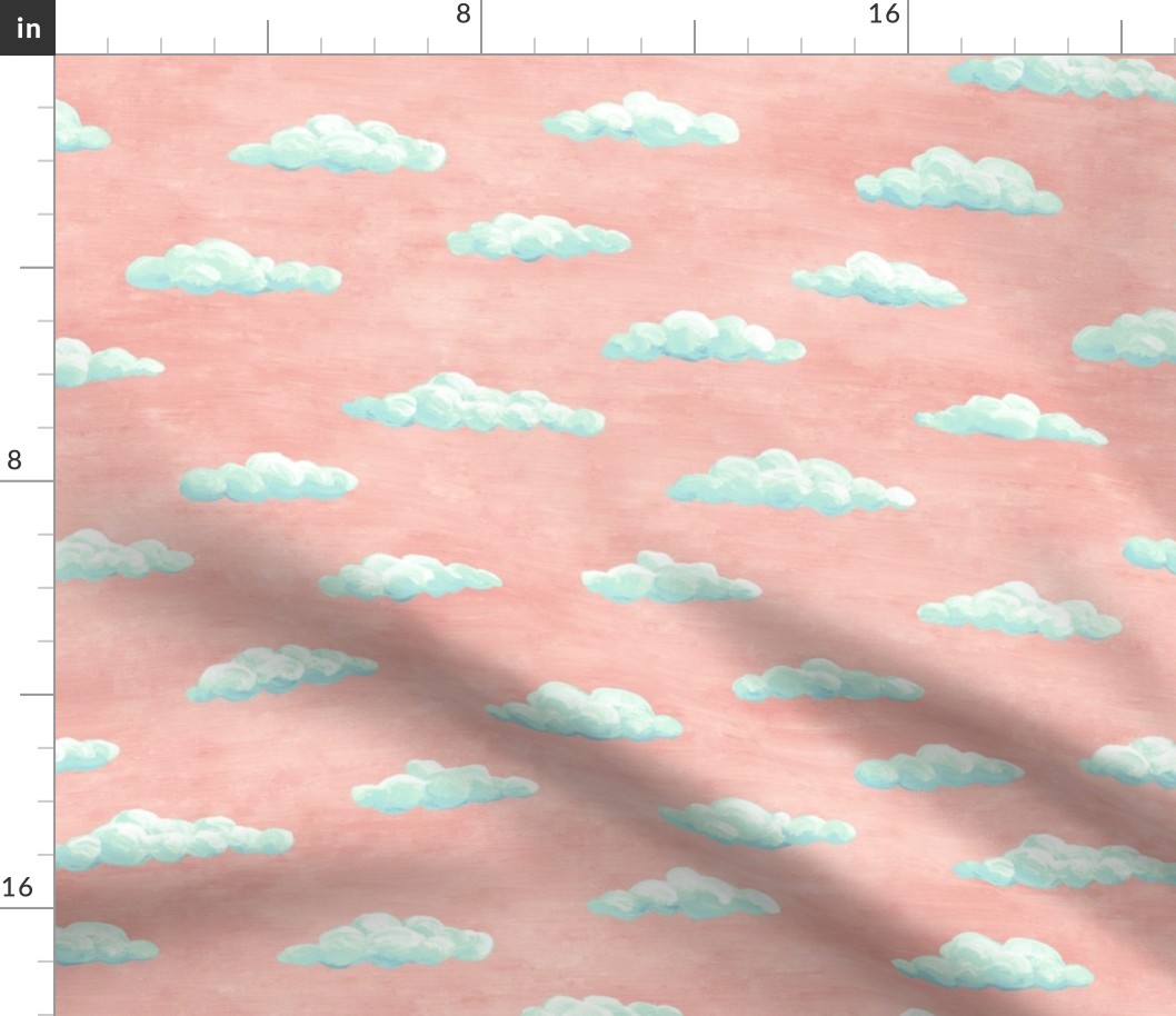 painted clouds - blue and mint on coral pink