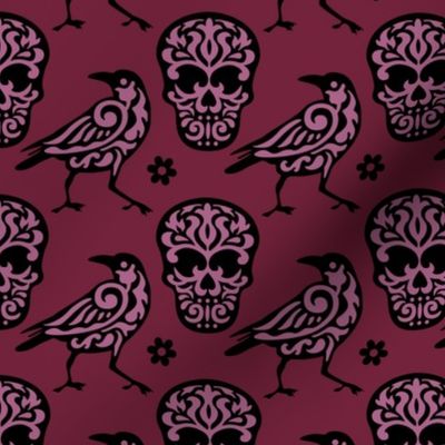 Skull Raven in Burgundy and Pink Medium