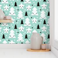 Merry christmas kawaii seasonal christmas trees and stars Japanese illustration print pastel mint