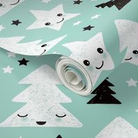 Merry christmas kawaii seasonal christmas trees and stars Japanese illustration print pastel mint