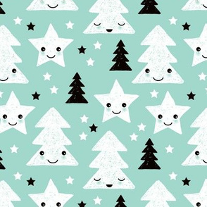 Merry christmas kawaii seasonal christmas trees and stars Japanese illustration print pastel mint