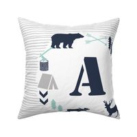 boys nursery baby boy camping woodland bear forest navy blue mint and grey kids nursery baby quilt FQ monogram