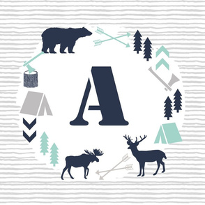 boys nursery baby boy camping woodland bear forest navy blue mint and grey kids nursery baby quilt FQ monogram