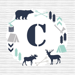 boys nursery baby boy camping woodland bear forest navy blue mint and grey kids nursery baby quilt FQ monogram