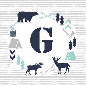 boys nursery baby boy camping woodland bear forest navy blue mint and grey kids nursery baby quilt FQ monogram