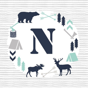 boys nursery baby boy camping woodland bear forest navy blue mint and grey kids nursery baby quilt FQ monogram