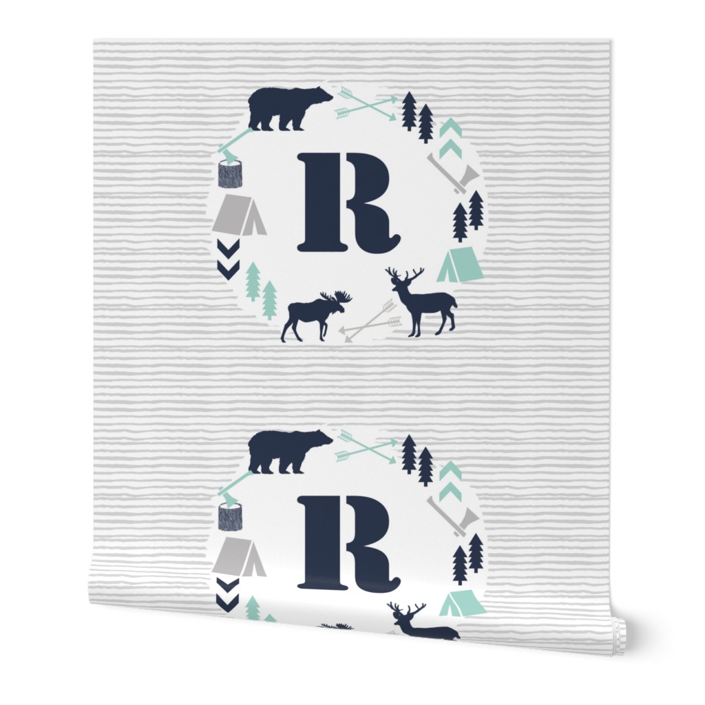 boys nursery baby boy camping woodland bear forest navy blue mint and grey kids nursery baby quilt FQ monogram