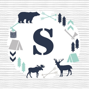 boys nursery baby boy camping woodland bear forest navy blue mint and grey kids nursery baby quilt FQ monogram