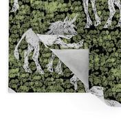 Scratchboard Unicorn on Black and Green Leaves