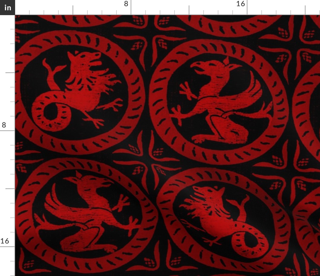 13th Century Dragon Tile ~ Richelieu Red on Black 