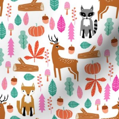 autumn fall woodland cute animals fox deer raccoon leaves logs