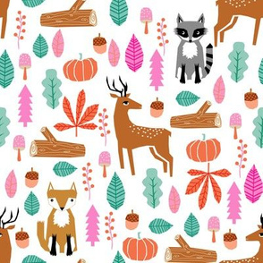 autumn fall woodland cute animals fox deer raccoon leaves logs