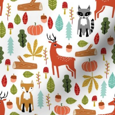 autumn fall woodland cute animals fox deer raccoon leaves logs