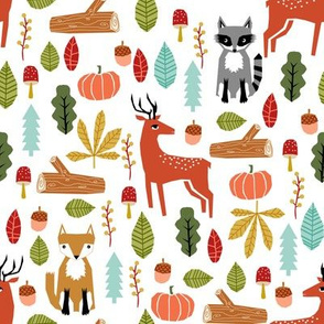 autumn fall woodland cute animals fox deer raccoon leaves logs