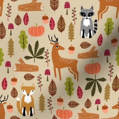 autumn fall woodland cute animals fox deer raccoon leaves logs