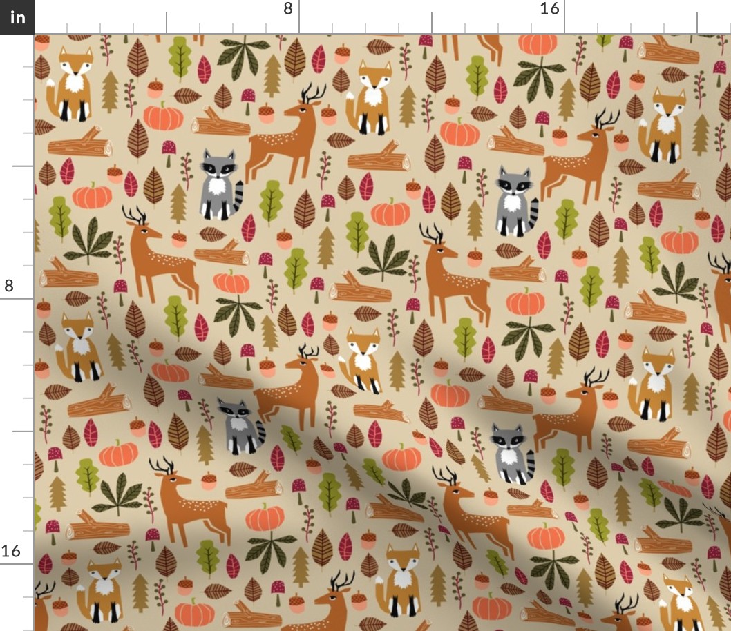 autumn fall woodland cute animals fox deer raccoon leaves logs