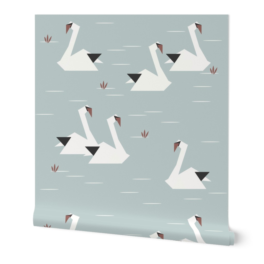 Swans - origami birds geometric birds geo animals water lake seafoam || by sunny afternoon