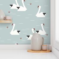 Swans - origami birds geometric birds geo animals water lake seafoam || by sunny afternoon