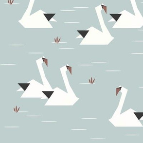 Swans - origami birds geometric birds geo animals water lake seafoam || by sunny afternoon