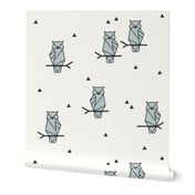 Geometric Owls - woodland birds night birds geo seafoam on Ivory || by sunny afternoon