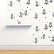 Geometric Owls - woodland birds night birds geo seafoam on Ivory || by sunny afternoon