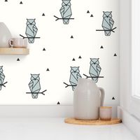 Geometric Owls - woodland birds night birds geo seafoam on Ivory || by sunny afternoon