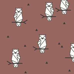 Geo owls - origami birds geometric birds geo animals woodland forrest animals burgundy red wine || by sunny afternoon