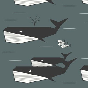 whales - geometric whales, dark green aqua water ocean || by sunny afternoon