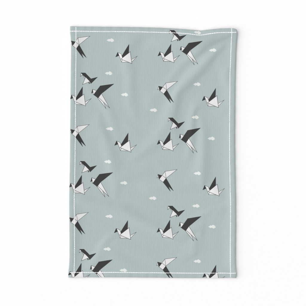 Origami birds - geo birds black and white on sea foam pale blue || by sunny afternoon