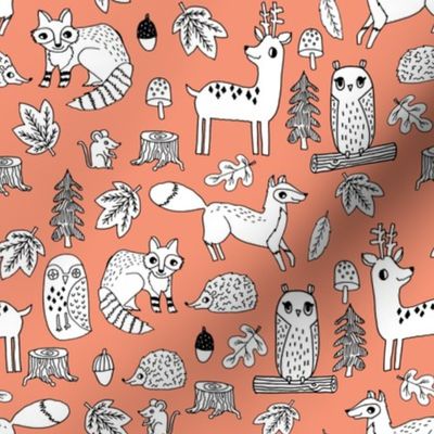 autumn animals // deer owl fox raccoon leaves autumn fall kids peach coral 