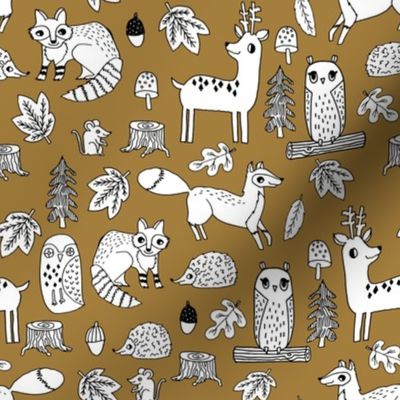 autumn animals // ochre kids autumn forest woodland fox owl deer raccoon acorn fall leaves autumn kids fabric