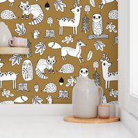 autumn animals // ochre kids autumn forest woodland fox owl deer raccoon acorn fall leaves autumn kids fabric