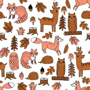 autumn animals // woodland forest kids acorns woodland log hedgehog autumn leaves brown peach coral kids cute autumn 