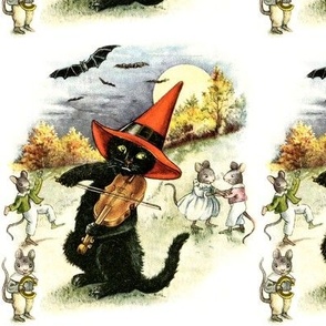 Halloween black cats bats moon clouds trees forests mouse mice rats witches hats violins violinists dancing  music musicians vintage retro kitsch