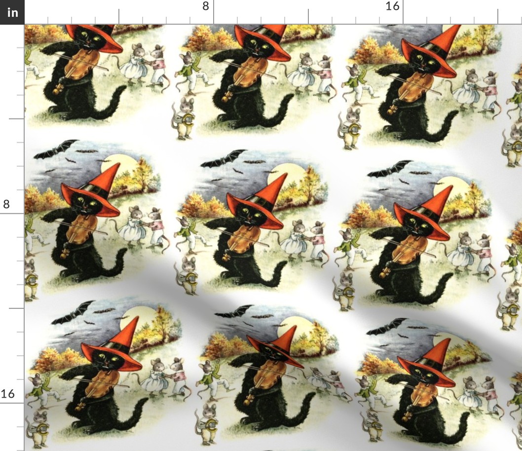 Halloween black cats bats moon clouds trees forests mouse mice rats witches hats violins violinists dancing  music musicians vintage retro kitsch