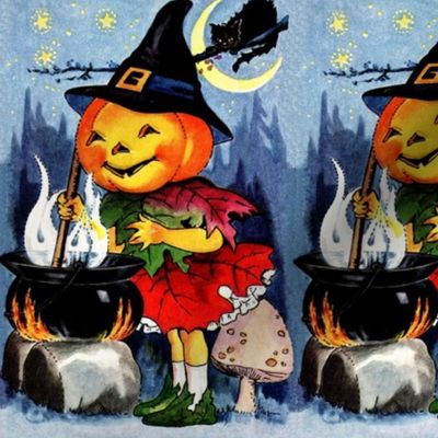 Halloween pumpkins heads stars moon black cat forests trees mushrooms cauldrons pots spells potions festivals vintage girls children witches magic jack lanterns