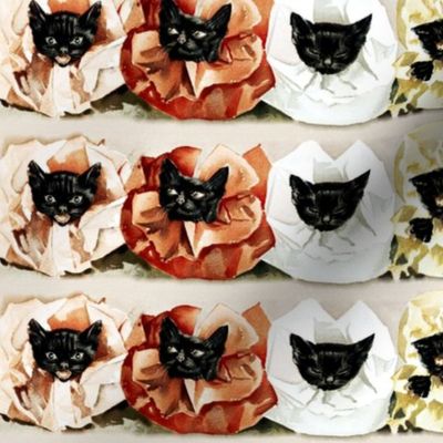 black cats kittens flowers roses frills frilly collars whimsical seamless vintage retro colorful rainbows multi colored