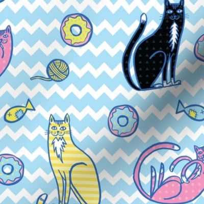 cats & donuts blue zig zag