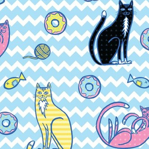 cats & donuts blue zig zag