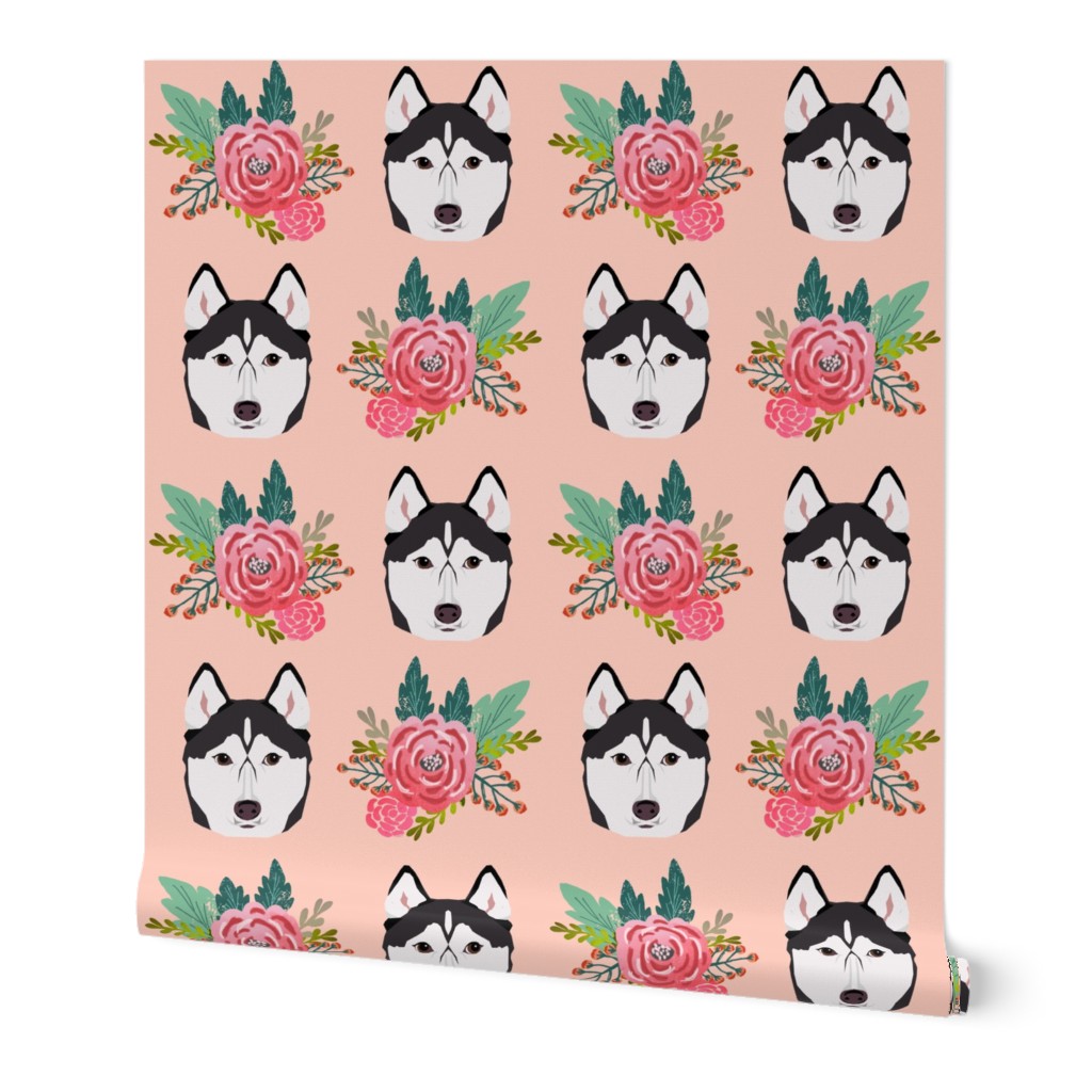 husky florals pink flower husky dog cute pet dog fabric for husky owners