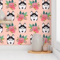 husky florals pink flower husky dog cute pet dog fabric for husky owners