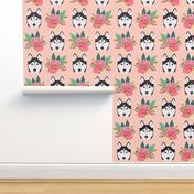 husky florals pink flower husky dog cute pet dog fabric for husky owners