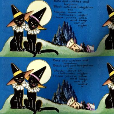 Halloween black cats witches night frills collars hills mountains towns houses trees moon towns vintage retro kitsch sky