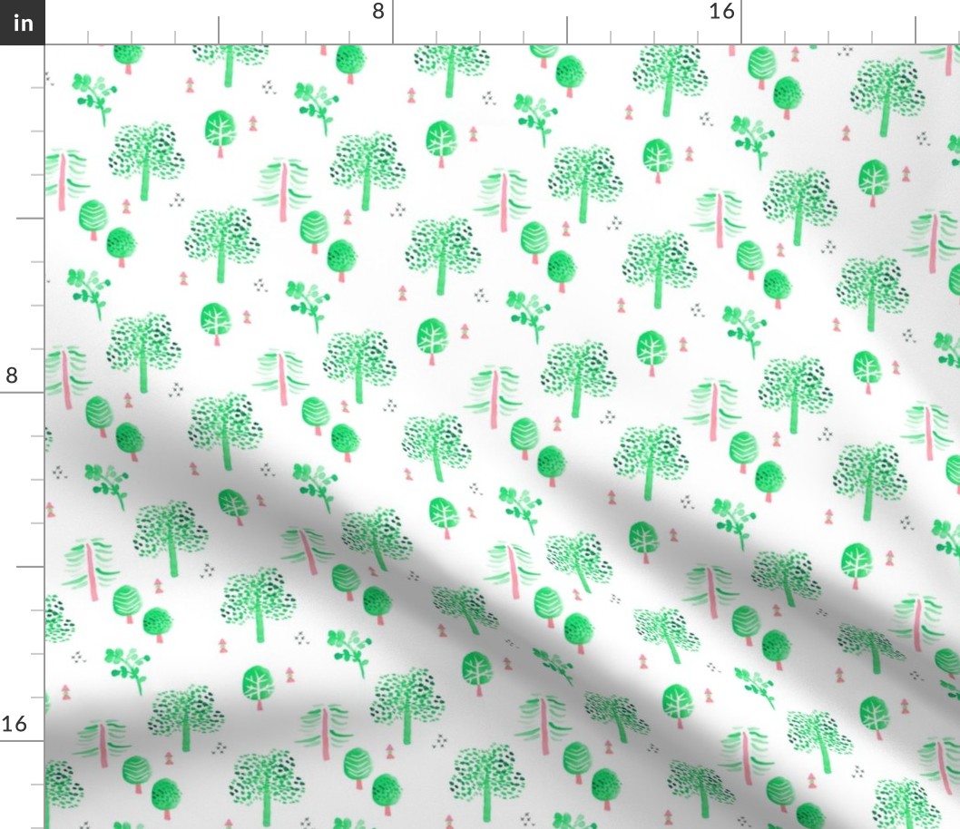Scandinavian woodland forest fall watercolors illustration trees green