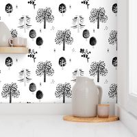 Scandinavian woodland forest fall watercolors illustration trees black and white