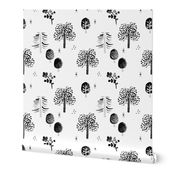Scandinavian woodland forest fall watercolors illustration trees black and white
